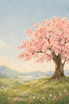 Cherry Blossom Tree on Misty Spring Hill