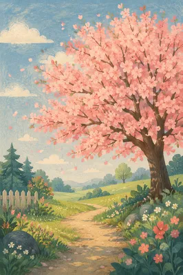Cherry Blossom Tree Along Meadow Path