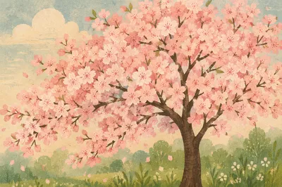 Pink Cherry Blossom Tree in Spring Meadow