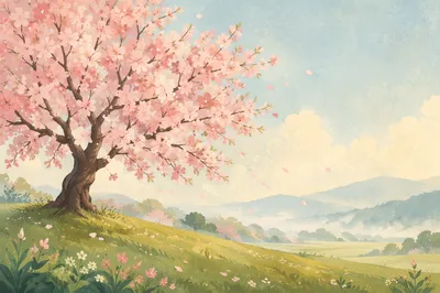 Cherry Blossom Tree on Misty Spring Hill