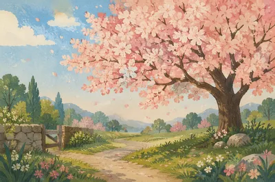 Cherry Blossom Tree Along Spring Meadow Path