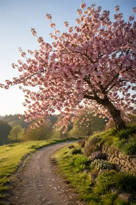 Cherry Blossom Tree Beside Meadow Path