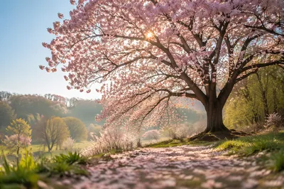 Blooming Cherry Blossom Meadow in Spring