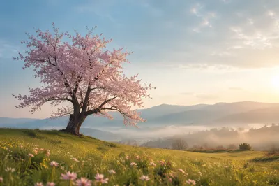Solitary Cherry Blossom Tree at Dawn