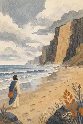 Contemplative Cliffside Beach and Blue Horizon