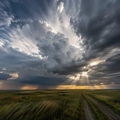 Dramatic Cumulonimbus Sky Over Open Grassland