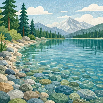 Crystal Clear Alpine Lake Pebble Shore