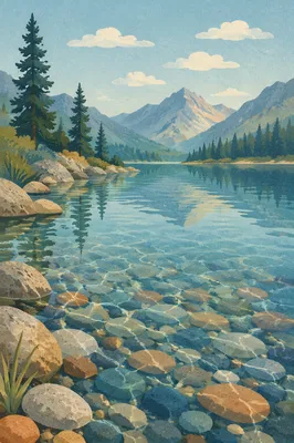 Crystal Clear Alpine Lake Pebble Shore