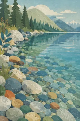 Crystal Clear Alpine Lake Pebble Shore