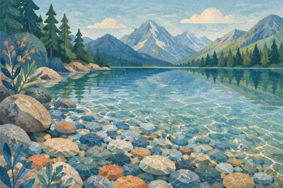 Crystal Clear Alpine Lake Pebble Shore