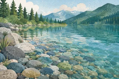 Crystal Clear Alpine Lake Pebble Shore