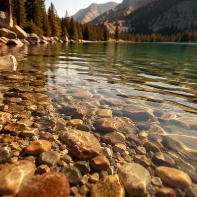 Crystal Clear Mountain Lake Pebbles at Golden Hour