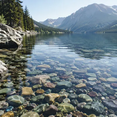 Crystal Clear Alpine Lake Pebble Shore