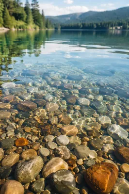 Crystal Clear Alpine Lake Pebble Shore
