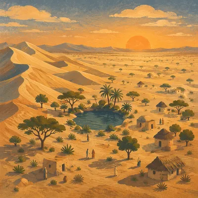 Golden Sunset Over Desert Oasis Dunes