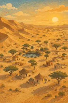 Golden Sunset Desert Dunes and Oasis
