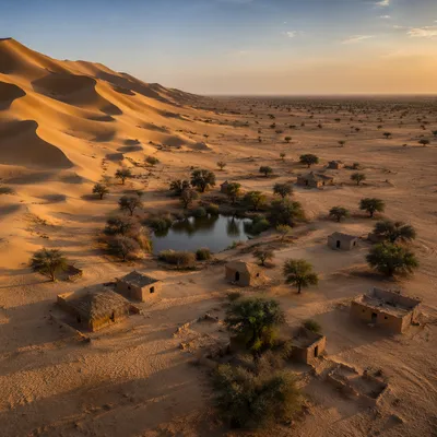 Golden Sunset Over Desert Oasis Dunes