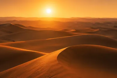 Golden Sunset Over Endless Desert Dunes