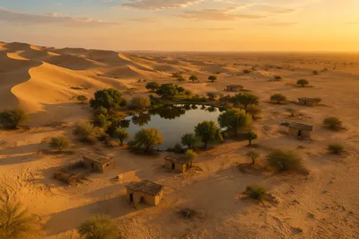 Golden Sunset Over Desert Oasis Panorama