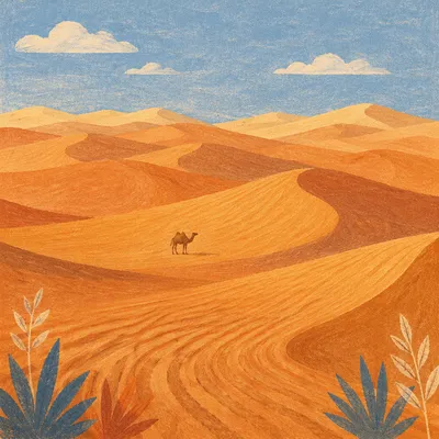 Golden Desert Dunes with Distant Camel