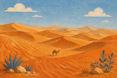 Golden Hour Desert Dunes with Camel
