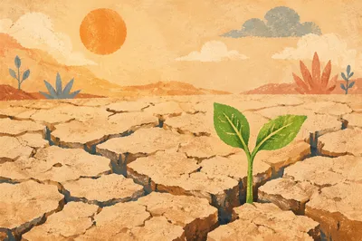 Green Seedling Rising Through Cracked Drought Earth