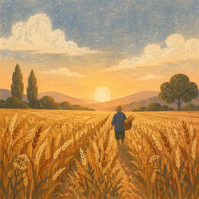 Farmer Harvesting Wheat at Golden Hour