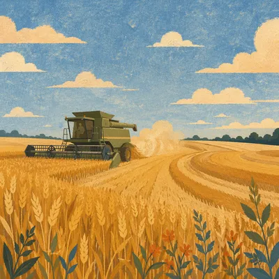Farmer Harvesting Wheat Field at Golden Hour