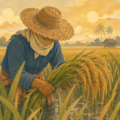 Farmer Harvesting Rice at Golden Hour