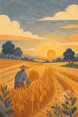Farmer Harvesting Grain at Golden Hour