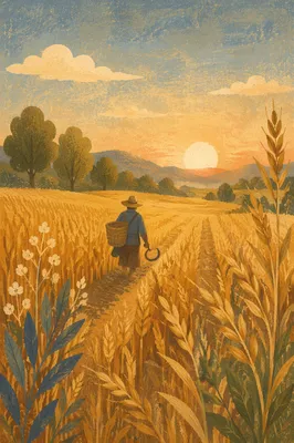 Farmer Harvesting Wheat Field at Golden Hour