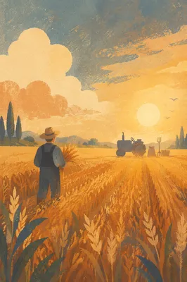 Farmer Harvesting Wheat at Golden Hour