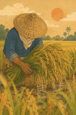 Farmer Harvesting Rice at Golden Hour