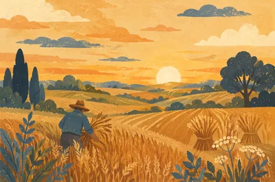 Farmer Harvesting Grain at Golden Hour