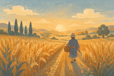 Farmer Harvesting Wheat at Golden Hour