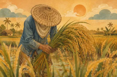 Farmer Harvesting Rice at Golden Hour