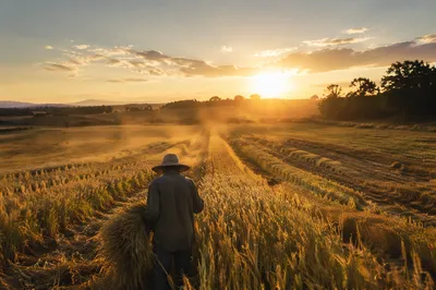 Farmer Harvesting Grain at Golden Hour