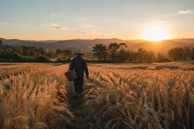 Farmer Harvesting Wheat Field at Golden Hour