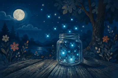 Glowing Fireflies in Moonlit Forest Jar