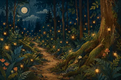Glowing Fireflies in Quiet Summer Forest