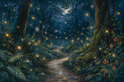 Glowing Fireflies on a Summer Forest Path