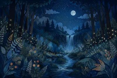 Glowing Fireflies in Misty Summer Forest