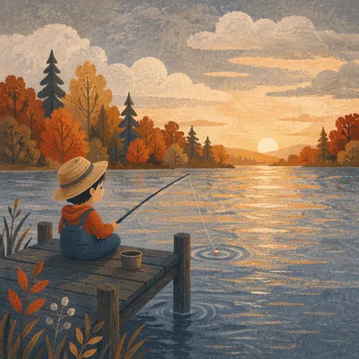 Calm Lakeside Sunrise with Fishing Rod