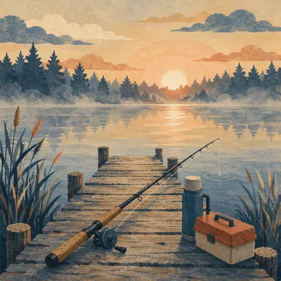 Fishing Rod on Lake Dock Sunrise
