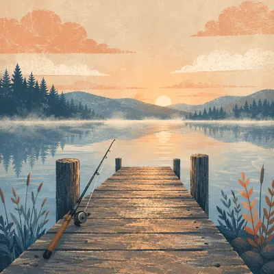 Fishing Rod on Calm Sunrise Lake Dock