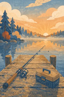 Peaceful Sunrise Fishing Rod on Lake Dock
