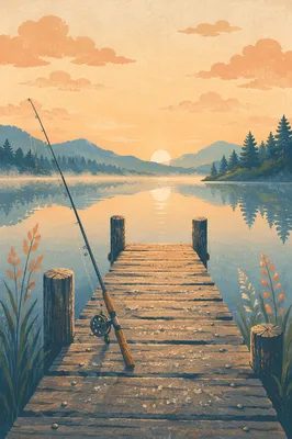 Fishing Rod on Calm Sunrise Lake