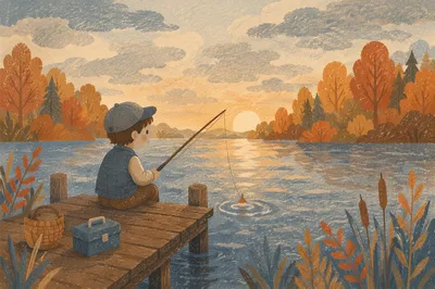 Calm Lakeside Sunrise with Fishing Rod