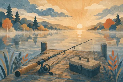 Sunrise Fishing Rod on Quiet Lake Dock