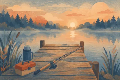Sunrise Fishing Rod on Quiet Lake Dock